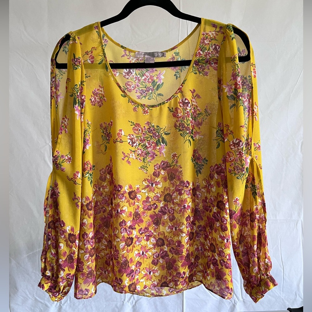 Forever21 Boho Mustard Yellow Floral Sheer Blouse with cutout Sleeves